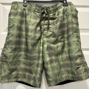Speedo Mens Swim‎ Trunks Sz L Green Gray Tropical Mesh Lining Beach Pool Summer